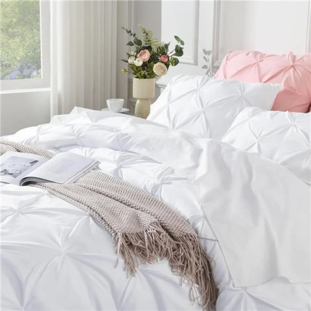 White Queen Comforter Set(90x90Inch),3 Pieces Cute Pinch Pleat Bedding Comforter